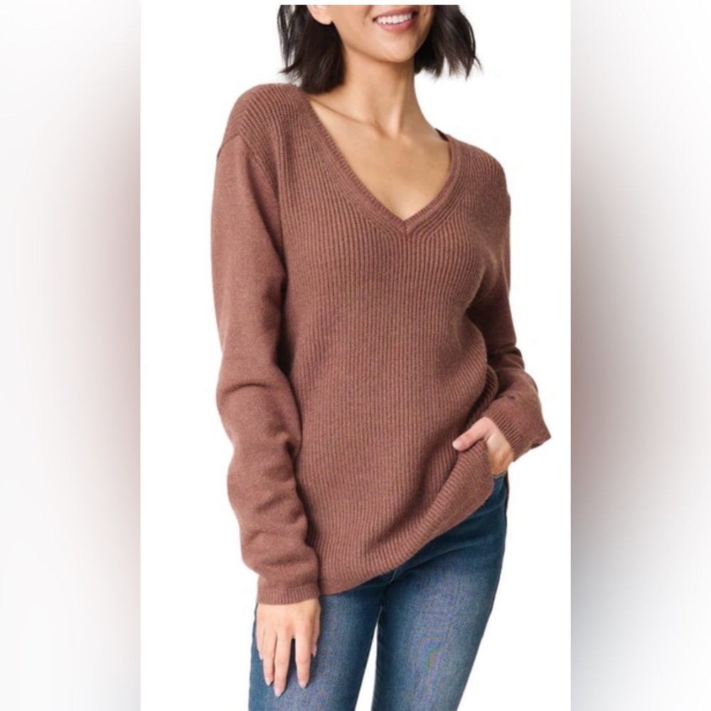 Gibson Women’s V-Neck Long Sleeve Warm Rib Sweater in Cinnamon Medium